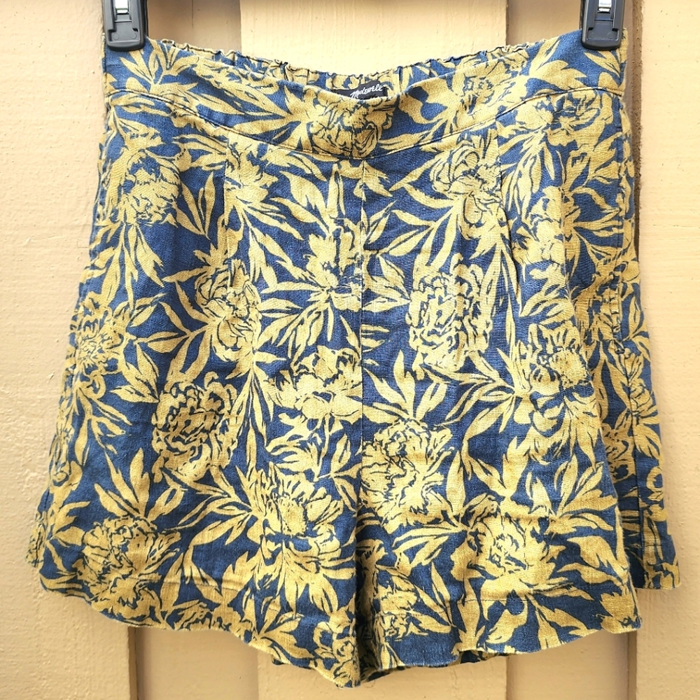 Madewell Clean Pull-On Shorts W's Small 100% Linen 2 Pockets Navy Mustard Floral